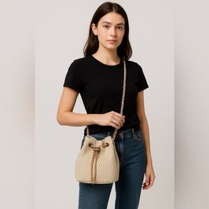 1707- Aldo Natalyaa Beige Quilted Bucket Crossbody Bag Vegan Leather NWT